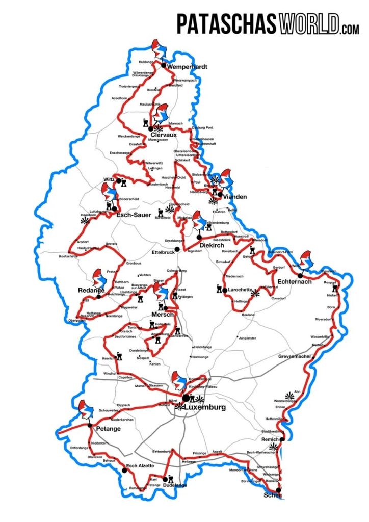 Karte der 500 Kilometer Luxemburg Roadtrip. Die schönsten Regionen Luxemburgs in einer durchdachten Rundreise von Pataschas World